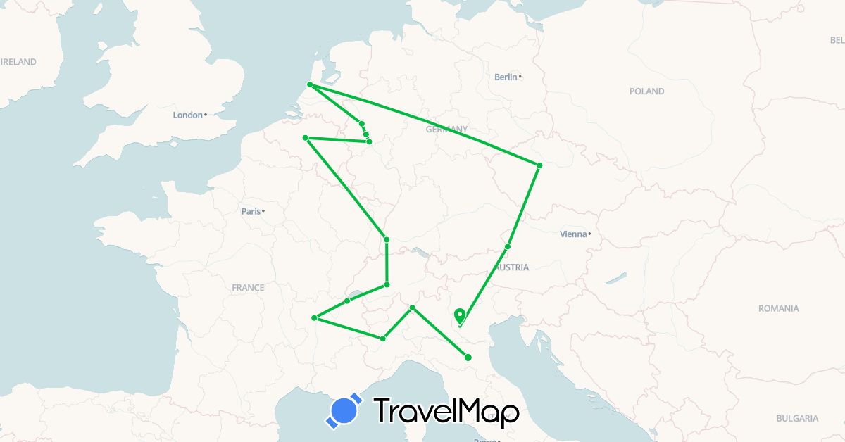TravelMap itinerary: driving, bus in Austria, Belgium, Switzerland, Czech Republic, Germany, France, Italy, Netherlands (Europe)