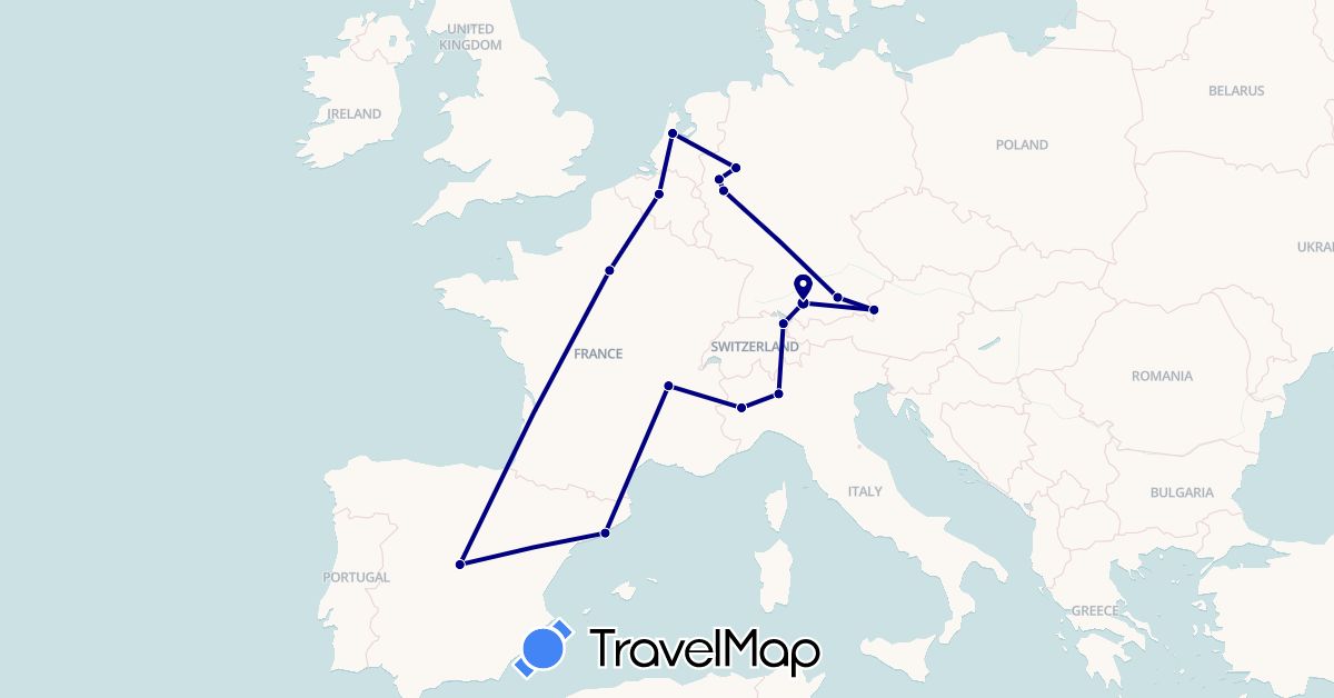 TravelMap itinerary: driving in Austria, Belgium, Switzerland, Germany, Spain, France, Italy, Netherlands (Europe)