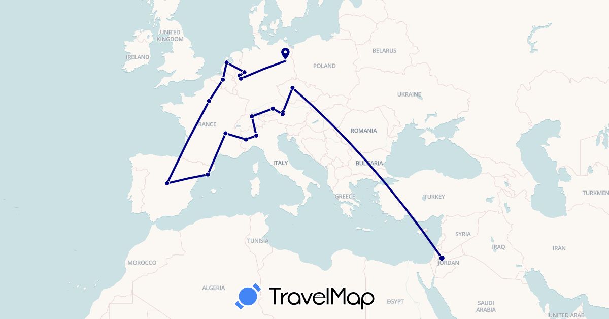 TravelMap itinerary: driving in Austria, Belgium, Switzerland, Czech Republic, Germany, Spain, France, Italy, Jordan, Netherlands (Asia, Europe)